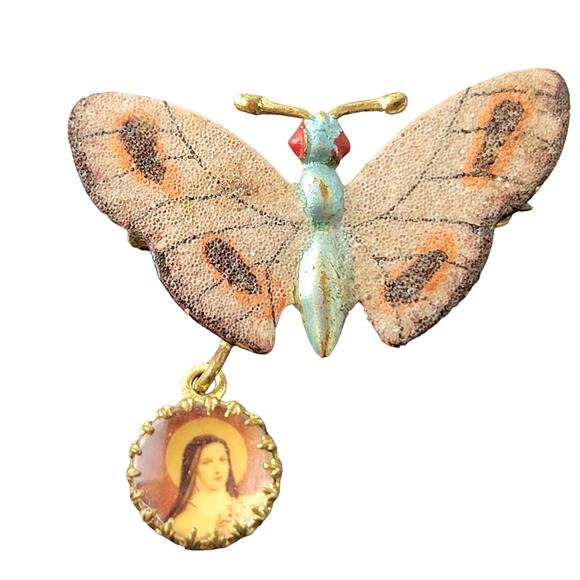 Vintage Butterfly Brooch Pin with Religious Dangling Medallion Charm 1.5" RARE - Picture 3 of 13